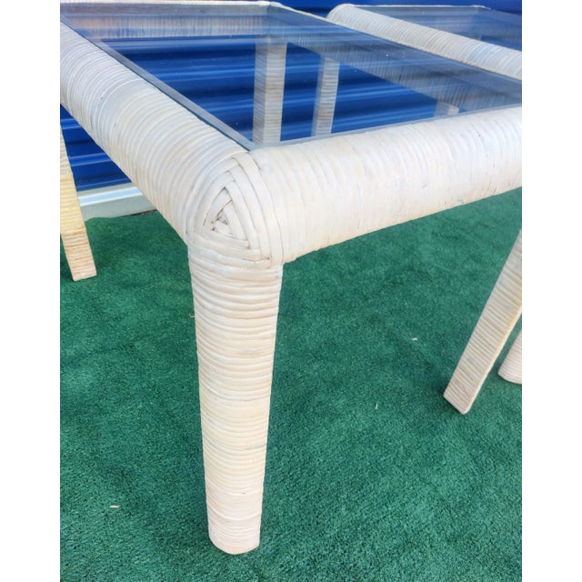 Mid-Century Modern Vintage Coastal White Wash Rattan Wrapped Glass Top Rectangular Side Tables- a Pair For Sale - Image 3 of 6