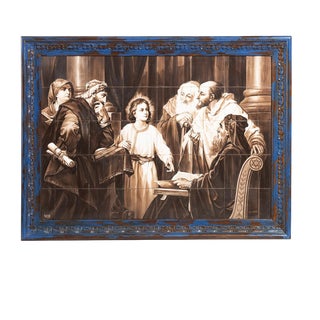 Earthenware Alleluia Forty-Tile Panel Depicting Jesus Among the Doctors of the Temple For Sale