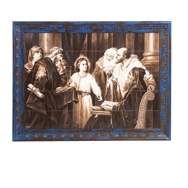 Earthenware Alleluia Forty-Tile Panel Depicting Jesus Among the Doctors of the Temple For Sale