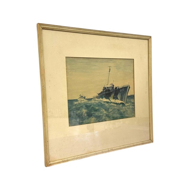 1970s Original Wwii Us Navy Pc-571 Submarine Chaser Gouache Painting – Vintage Framed Maritime Military Art. For Sale - Image 5 of 8