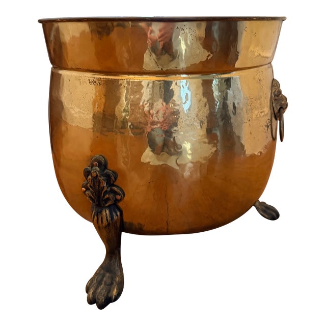 Late 20th Century Claw Footed Brass Cauldron Planter With Lion Heads For Sale