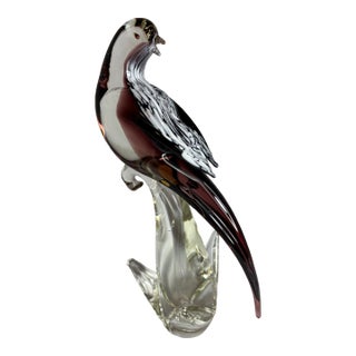 Murano Vintage Purple Bird With White Feathering Details on a Clear Glass Pedestal For Sale