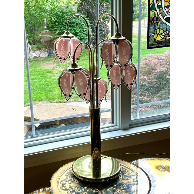 Mid-Century Modern 1980s Anthony California Hollywood Regency Lotus Table Lamp With Floral Print on Petals, 3-Way Lights For Sale - Image 3 of 12