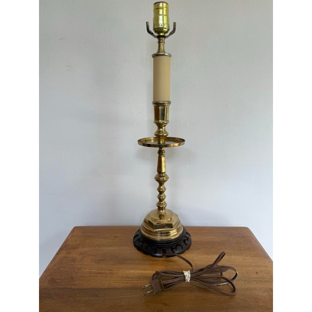 Wood 1970s Brass Candlestick Lamp With Carved Wood Base For Sale - Image 7 of 9