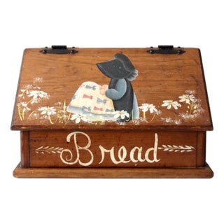 Vintage Storybook Folk Art Wood Bread Box For Sale
