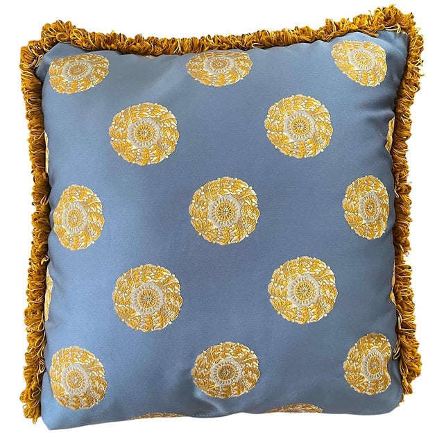Clarence House Pair of Custom Designer Pillows in Powder Blue & Golden Ochre Medallion Fabric With Textural Fringe Trim For Sale - Image 4 of 6