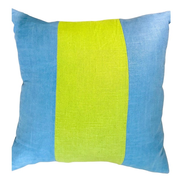 Square Feathers Linen Bold Stripe Pillow - Blue/Lime For Sale