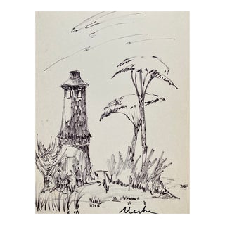 1960s Alexandra Merker Coastal Lighthouse Drawing For Sale