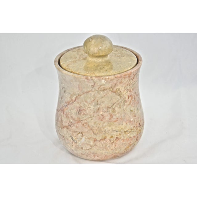 Large vintage cream marble lidded storage jar with striations of rust sienna, caramel, red and cream. Snug clear gasket...