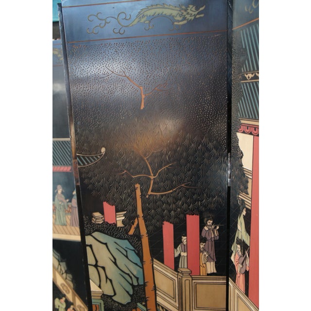 Chinese Coromandel Black Lacquer 8 Panel Folding Screen Room Divider 128" For Sale - Image 12 of 17