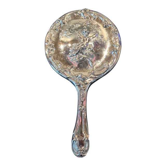 Art Nouveau Silver Colored Repousse Hand Mirror For Sale