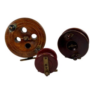 Antique, Wood and Brass, English Fishing Reels- Set of 3 For Sale