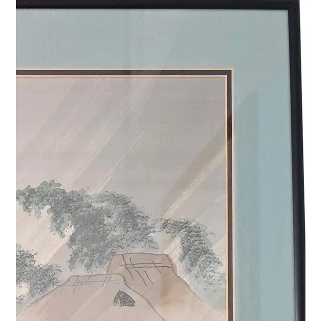 Blue Vintage Japanese Silk Painting Signed Shoun, Travelers in Rain Nihonga Watercolor, Japandi Wall Art, Zen Landscape Decor For Sale - Image 8 of 15