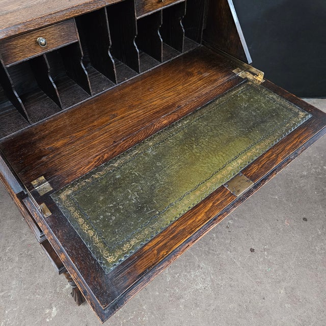 Late 19th Century English Oak Jacobean Style Bureau on Barley Twist Stretcher Base For Sale - Image 11 of 18