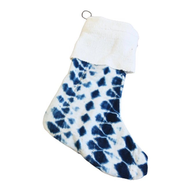 Shabby Chic Blue & White One-Of-A-Kind African Textile Christmas Stockings, S/2 For Sale - Image 3 of 9