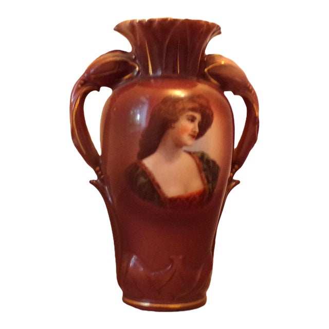 Antique Brown Glaze Vase with Portrait of a Woman For Sale