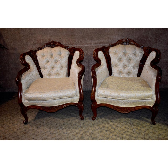 1970s Vintage Carved Wood French Provincial Style Tufted Accent Chairs