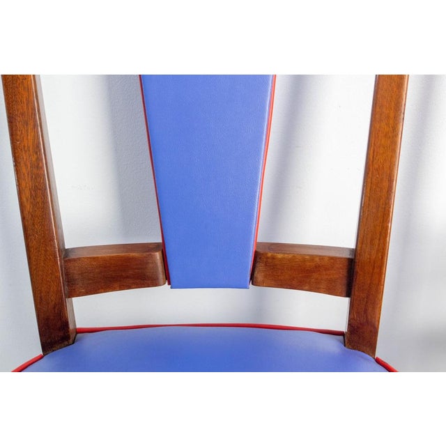 Mid-Century French Blue Red Border Dining Chairs in Teak and Skai, 1960, Set of 6 For Sale - Image 6 of 14