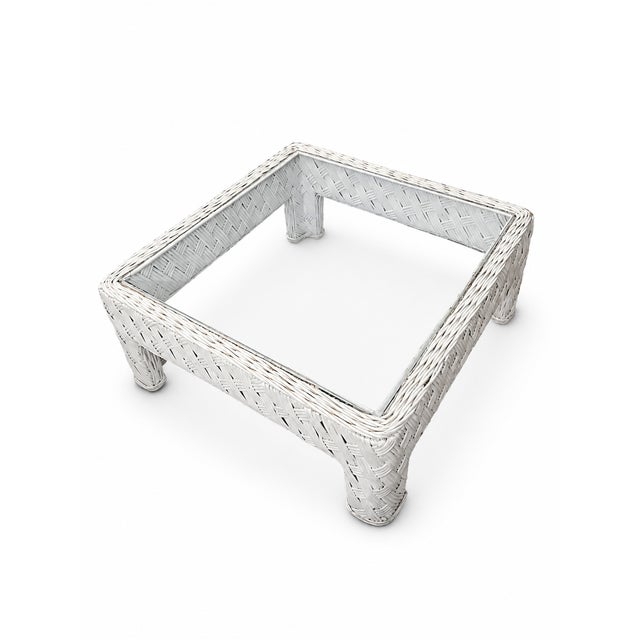1980s Coastal White Woven Rattan Glass-Top Coffee Table For Sale - Image 4 of 7