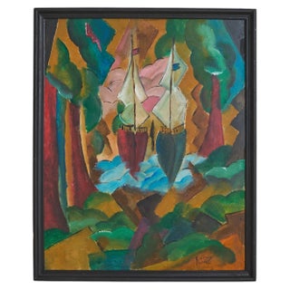 French Oil on Board Cubist Seascape Painting by Patrick Leroy, 1970s For Sale