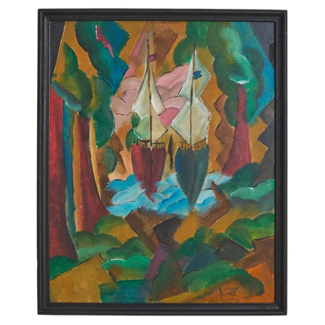 French Oil on Board Cubist Seascape Painting by Patrick Leroy, 1970s For Sale