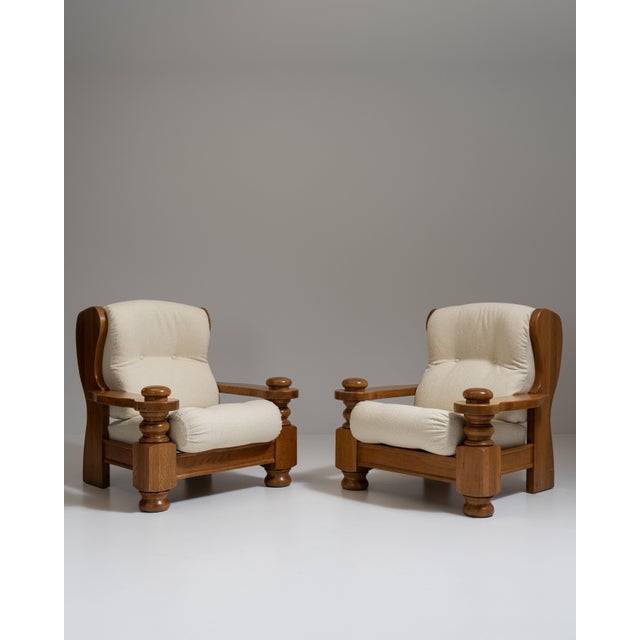 Wood Pair of 1970s French Chestnut Brown Brutalist Oak Upholstered Armchairs For Sale - Image 7 of 15