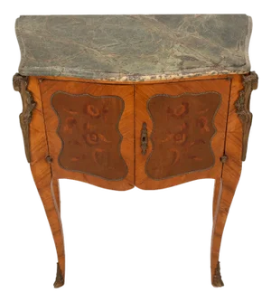 Antique French Louis XV Style Commode W/ Green Marble Top & Marquetry Inlay