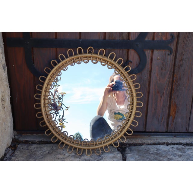 Wood Round Rattan Mirror attributed to Franco Albini, Italy, 1950s For Sale - Image 7 of 8