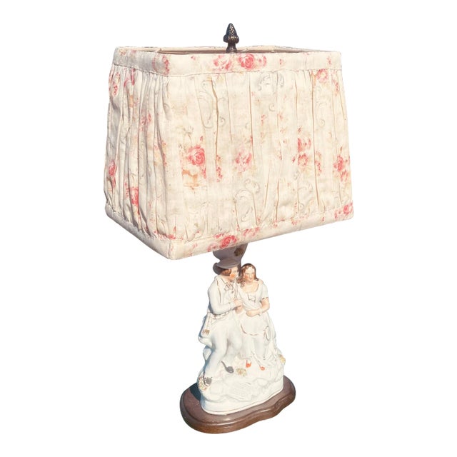 Late 18th Century English Staffordshire Figurine Lamp With Vintage Fabric Shade For Sale