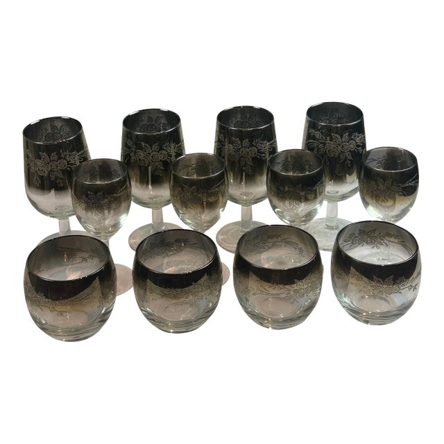 1970s Mid Century Vintage Floral Etched Queen Lusterware Silver Fade Ombre Cocktail Set, Made in France- 12 Pieces For Sale