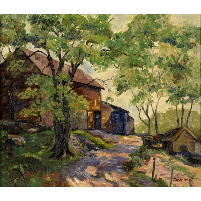 Serene depiction of a barn at the end of a driveway by Claude Wolf (American, 19th/20th C). Several trees cast strong...