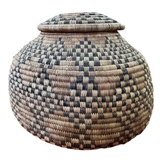 Large Natural Fiber Lidded Basket For Sale