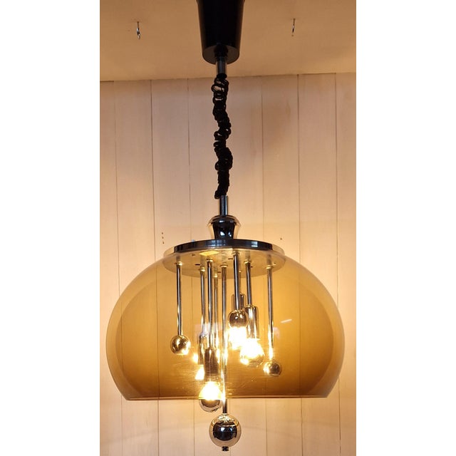 Silver Height-Adjustable Space Age Pendant Lamp with Tinted Acrylic Shade and Chrome-Plated Metal Frame, 1970s For Sale - Image 8 of 8