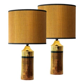 Ceramic Floor or Table Lamps from Bitossi with Silk Lampshades attributed to R. Houben, 1970s, Set of 2 For Sale