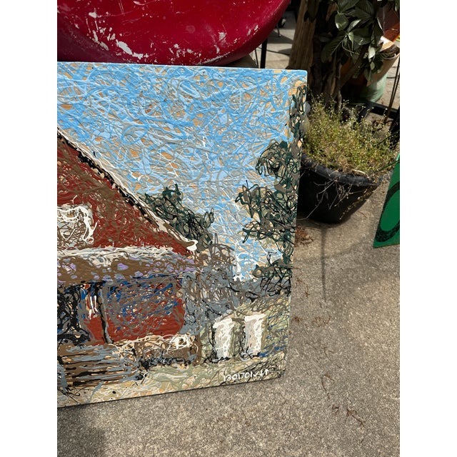 Textile 1970s Abstract Painting of a Farmhouse on Canvas For Sale - Image 7 of 11