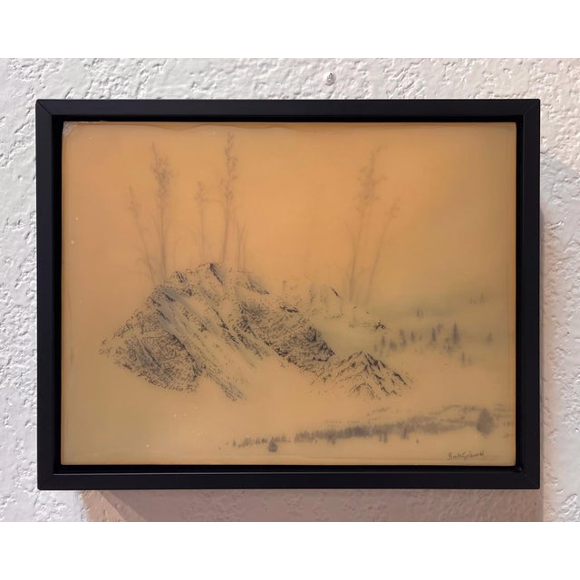 This artwork presents a serene landscape where a blue mountain rises gently amidst a field of long grass, rendered in...