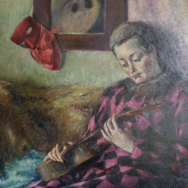 Follower of José Manuel Capuletti, Harlequin Figure with Guitar, 1950s, Oil on Canvas For Sale - Image 7 of 9