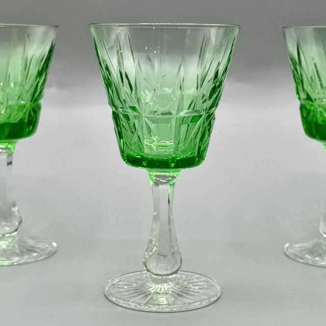 Glass Vintage Emerald Green Cut Crystal Wine Glasses from Cristalería San Carlos, Argentina, 1950s, Set of 8 For Sale - Image 7 of 18