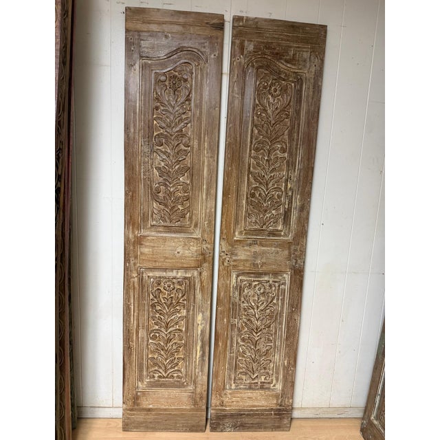 Wood Antique-Style Carved Wood Door Panels, Pair – Narrow Arched Floral Motif 80x36 For Sale - Image 7 of 7
