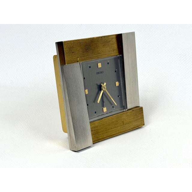 French Brutalist Steel and Brass Table Clock from Seiko, Japan, 1980s For Sale - Image 14 of 14