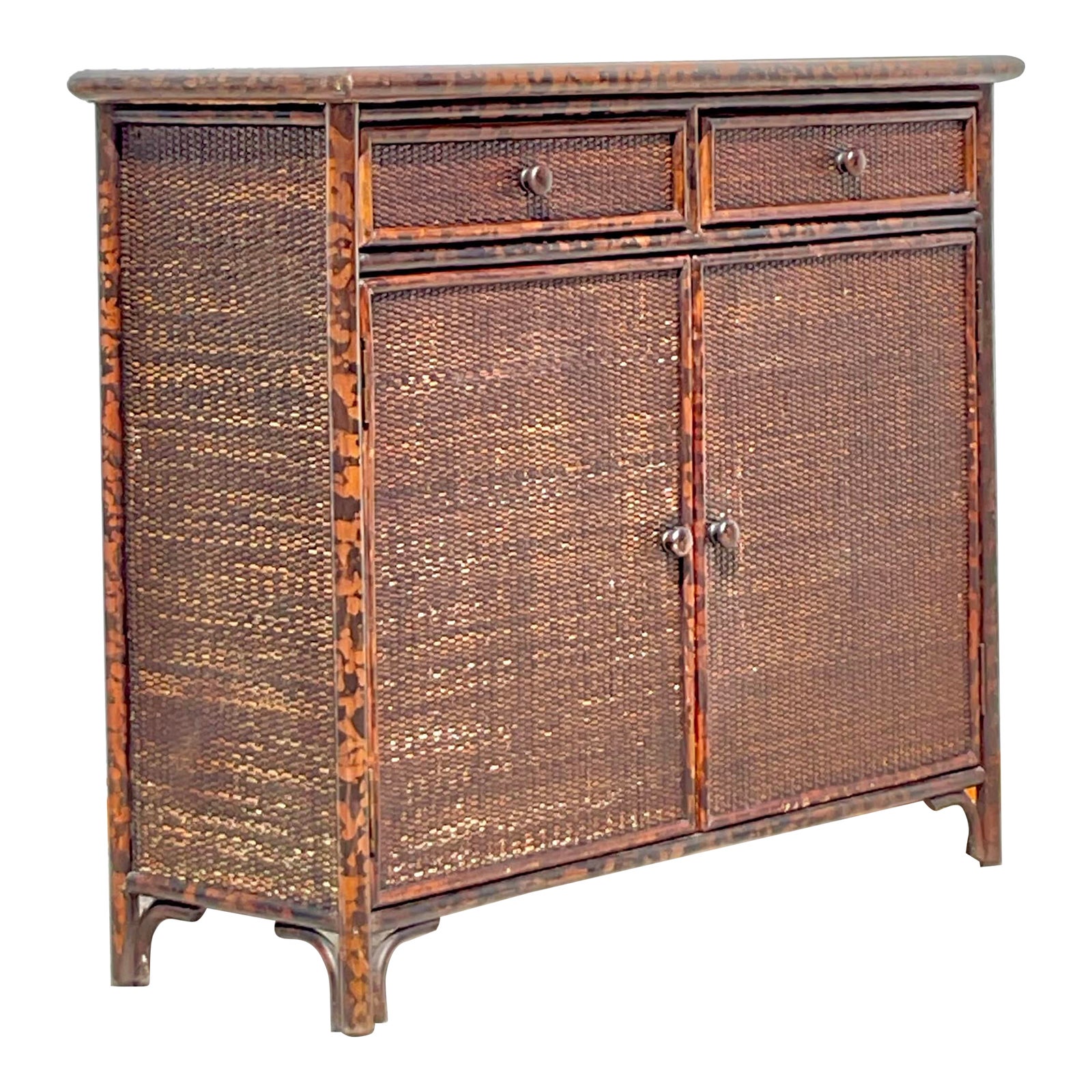 Late 20th Century Vintage Coastal Woven Rattan Console Cabinet | Chairish