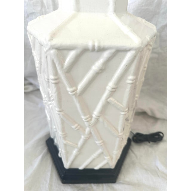 MCM White Ceramic Hexagonal Bamboo Relief Table Lamp, has a black base and brass hardware. This would be perfect with a...