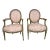 French Louis XVI Style Grey Painted Armchairs in Pink Ikat Fabric - A Pair For Sale