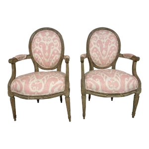 French Louis XVI Style Grey Painted Armchairs in Pink Ikat Fabric - A Pair