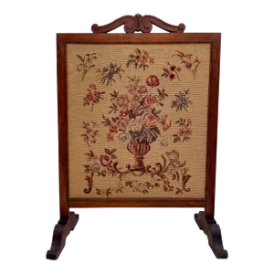Antique Wood Fireplace Screen With Needlepoint Embroidery