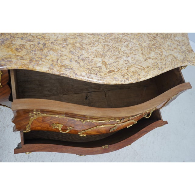 1950s French Louis XV Vintage Marble Top Marquetry Commode For Sale - Image 5 of 17
