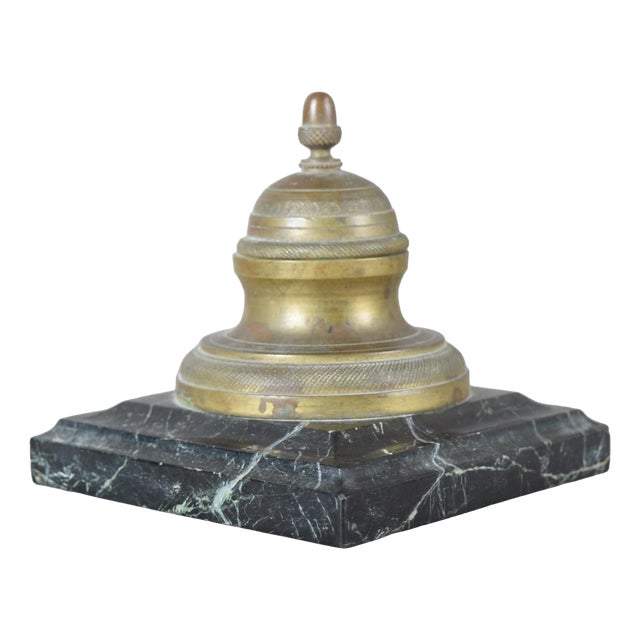 Antique 19th Century Bronze Inkwell with Hinged Lid on Marble Base For Sale