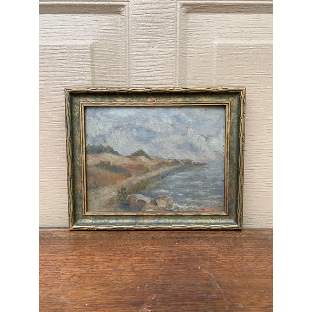 Wood Antique Hand Painted Framed Oil on Board Seaside Coastal Landscape Painting, Early 20th Century For Sale - Image 7 of 8