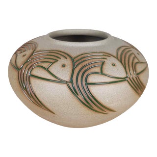 Folk Art Pottery Vase Closed Bowl Sgraffito Fish North Dakota School Mines Style For Sale