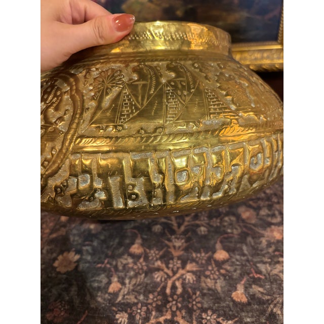 Islamic Antique 19th Century Islamic Revival Brass Vessel | Egyptian Mamluk Style Repoussé Bowl | Sphinx Court Scenes 16” [Cm] For Sale - Image 3 of 12